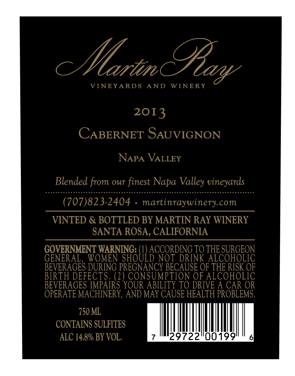 2013 Martin Ray Napa Valley Cabernet Sauvignon Back Label