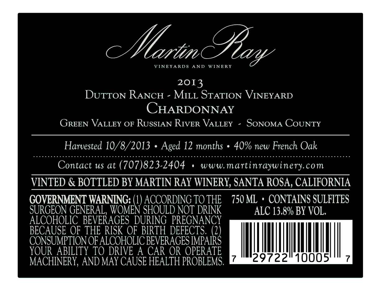 2013 Martin Ray Mill Station Chardonnay Back Label
