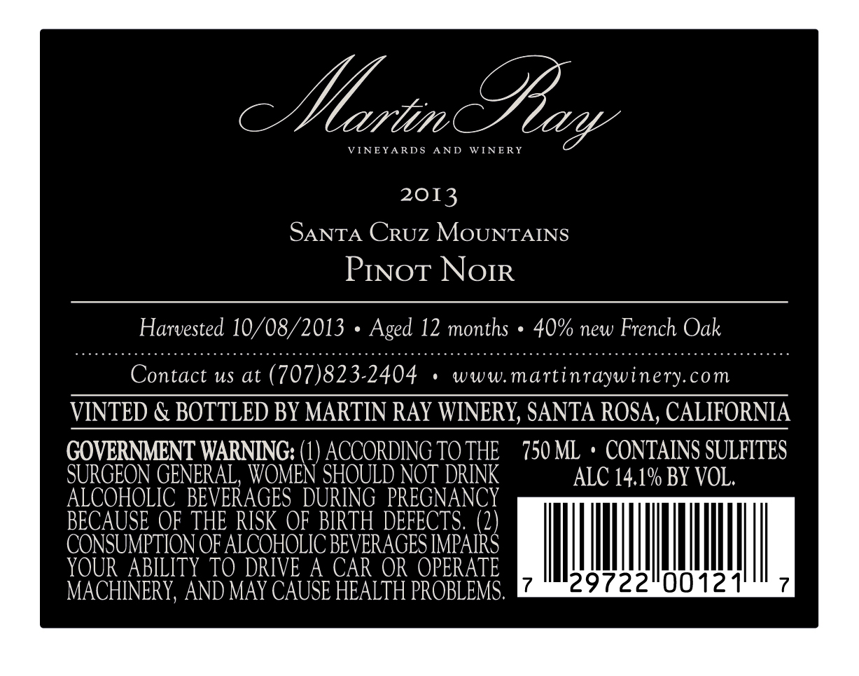 2013 Martin Ray Santa Cruz Mountains Coast Grade Pinot Noir Back Label