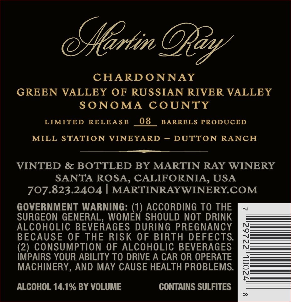 2016 Martin Ray Mill Station Chardonnay Back Label