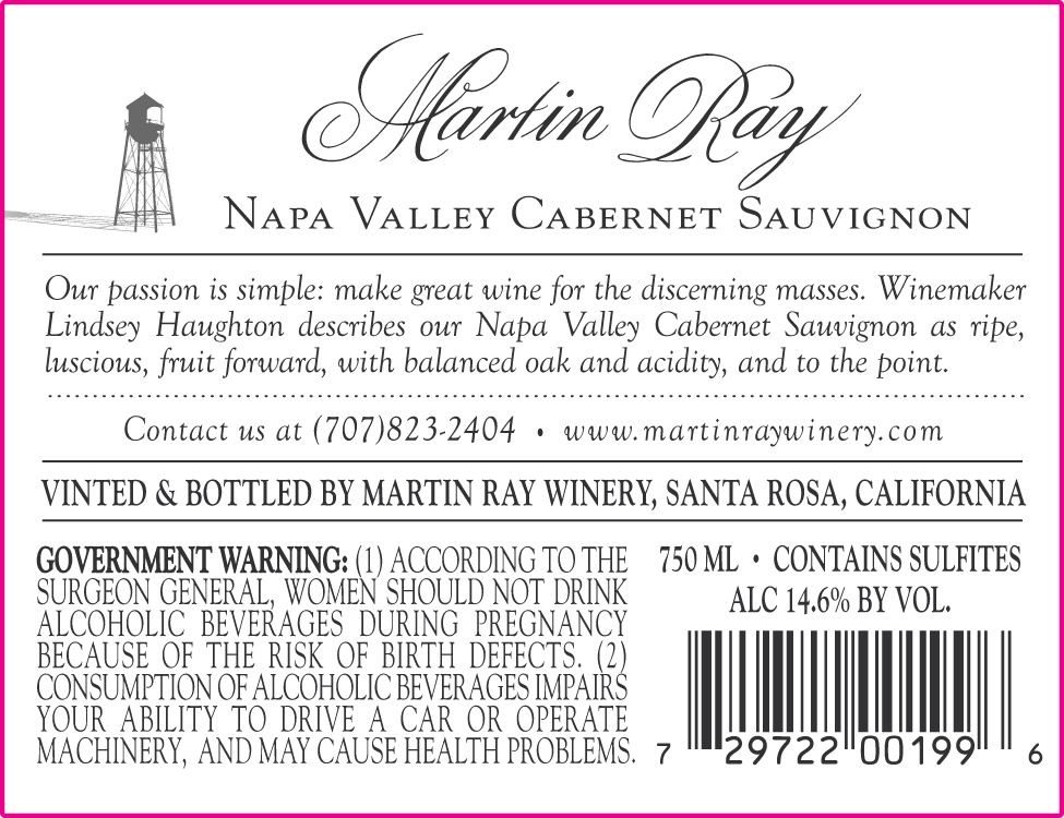 2016 Martin Ray Napa Valley Cabernet Sauvignon Back Label