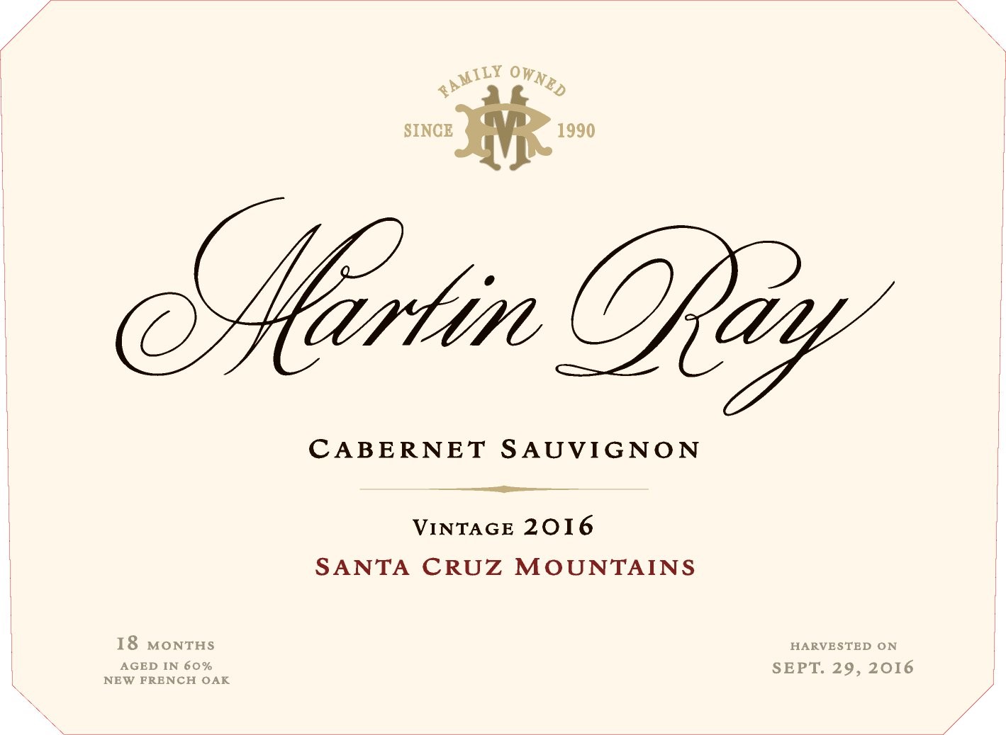 2016 Martin Ray Santa Cruz Mountains Reserve Cabernet Sauvignon Front Label