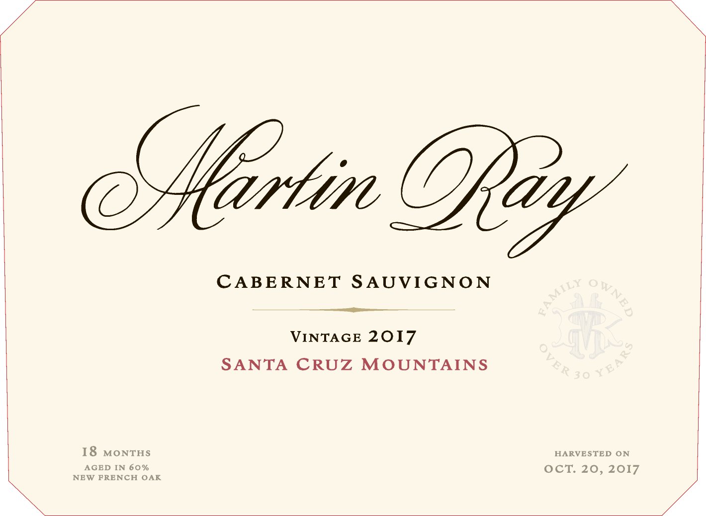 2017 Martin Ray Santa Cruz Mountains Reserve Cabernet Sauvignon Front Label