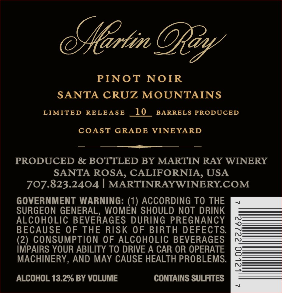 2017 Martin Ray Santa Cruz Mountains Coast Grade Pinot Noir Back Label