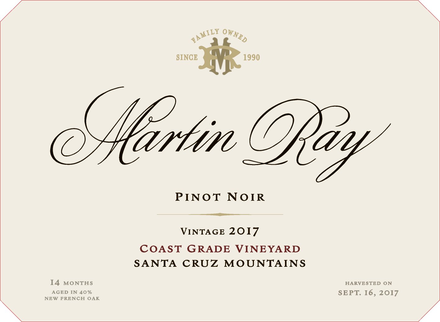 2017 Martin Ray Santa Cruz Mountains Coast Grade Pinot Noir Front Label