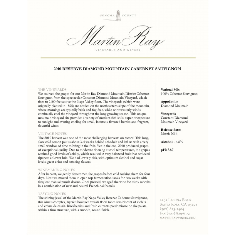 2010 Martin Ray Diamond Mountain Reserve Cabernet Sauvignon Tech Sheet