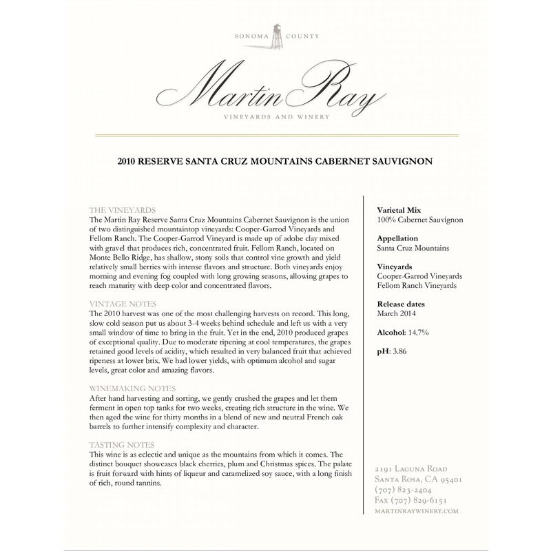 2010 Martin Ray Santa Cruz Mountains Reserve Cabernet Sauvignon Tech Sheet