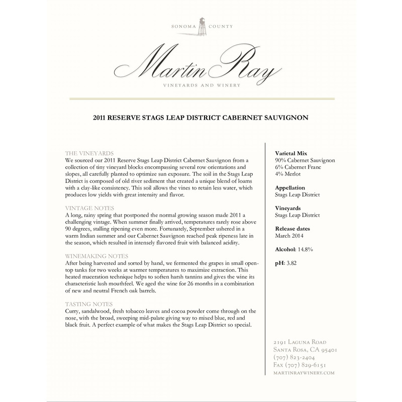 2011 Martin Ray Stags Leap District Reserve Cabernet Sauvignon Tech Sheet