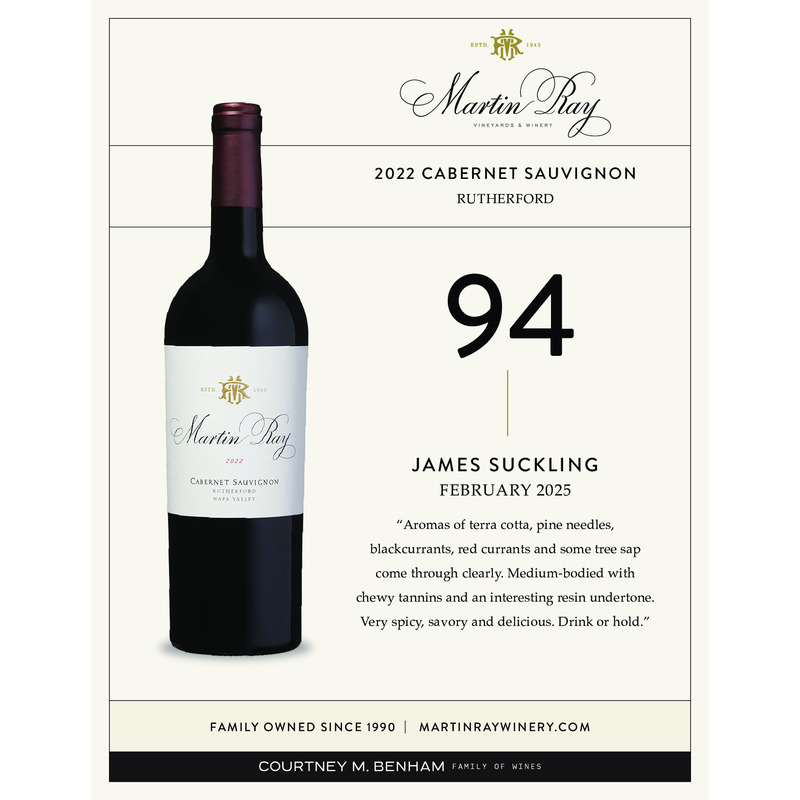 2022 Martin Ray Rutherford Reserve Cabernet Sauvignon Acclaim – 94 pts James Suckling