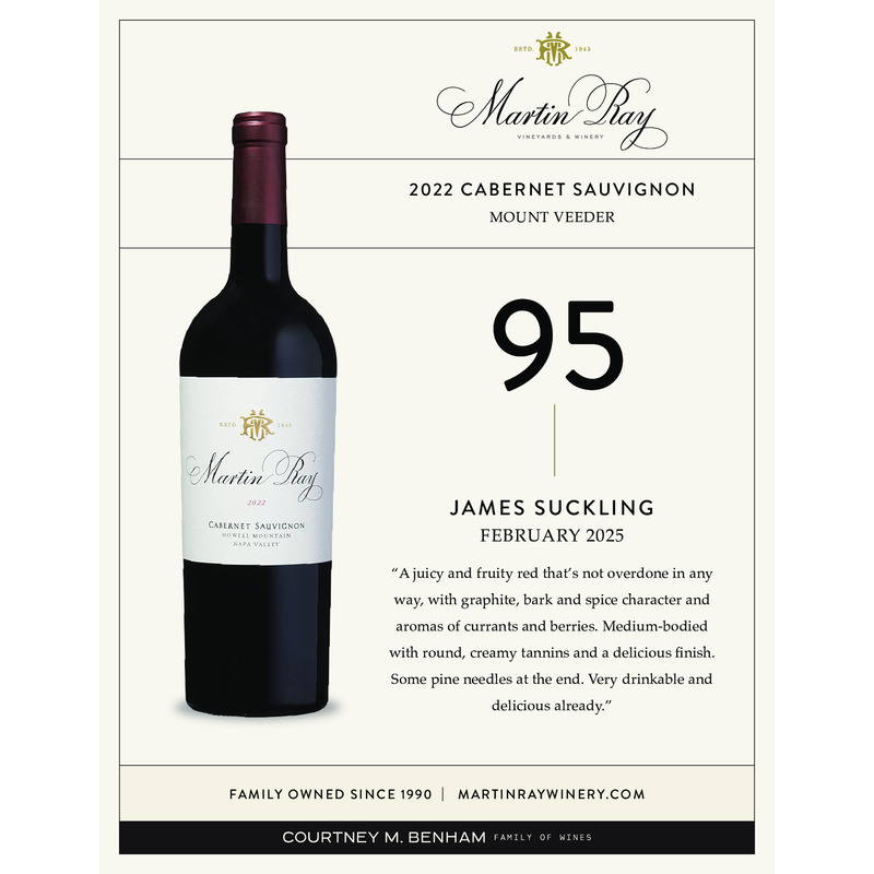 2022 Martin Ray Mt. Veeder Reserve Cabernet Sauvignon Acclaim – 95 pts  James Suckling