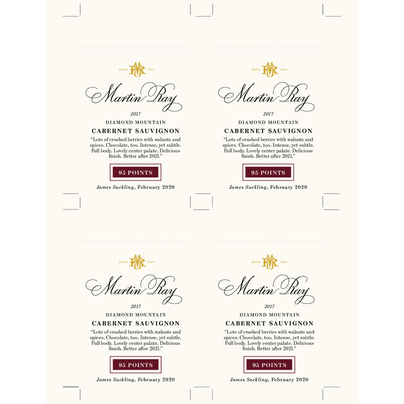 2017 Martin Ray Diamond Mountain Reserve Cabernet Sauvignon Shelf Talker – 95 Pts. James Suckling