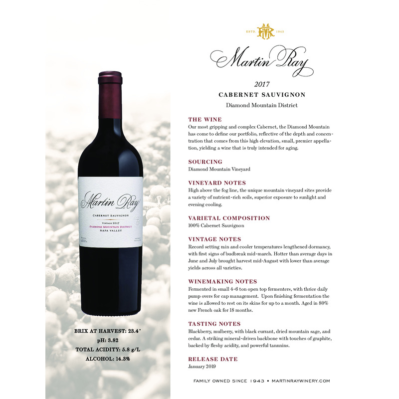2017 Martin Ray Diamond Mountain Reserve Cabernet Sauvignon Tech Sheet