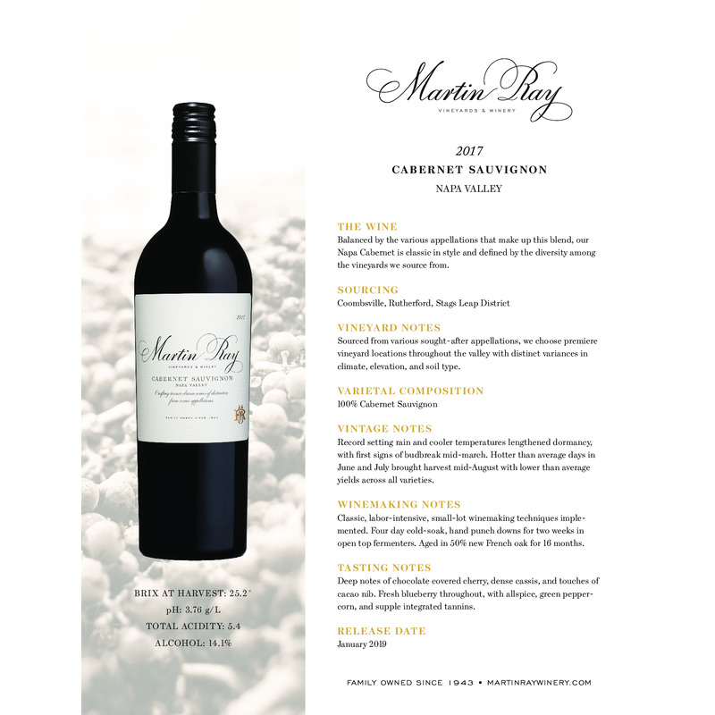 2017 Martin Ray Napa Valley Cabernet Sauvignon Tech Sheet