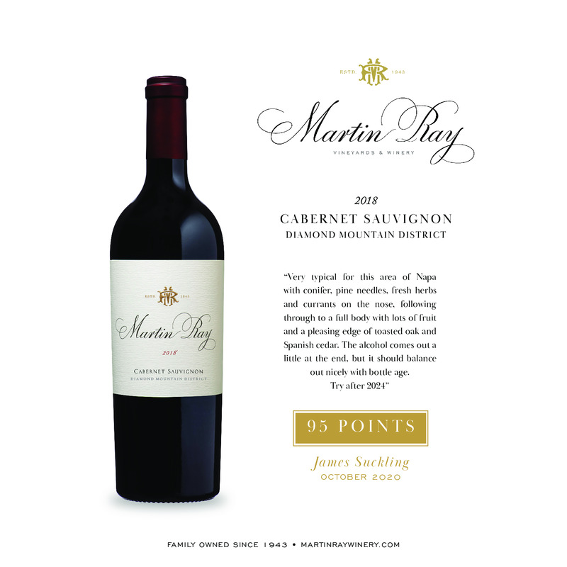 2018 Martin Ray Diamond Mountain Reserve Cabernet Sauvignon Acclaim – 95 Pts. James Suckling