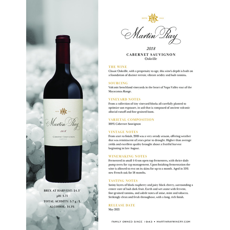 2018 Martin Ray Oakville Reserve Cabernet Sauvignon Tech Sheet