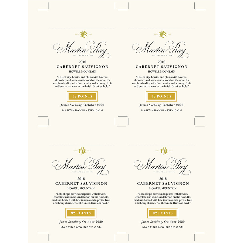 2018 Martin Ray Howell Mountain Reserve Cabernet Sauvignon Shelf Talker – 92 Pts. James Suckling