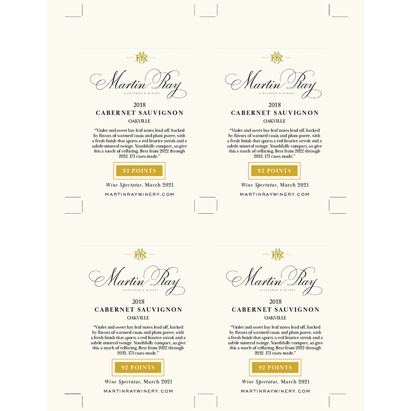 2018 Martin Ray Oakville Reserve Cabernet Sauvignon Shelf Talker – 92 Pts. Wine Spectator