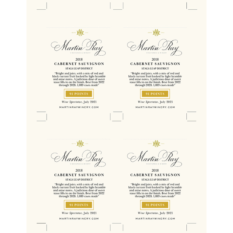 2018 Martin Ray Stags Leap District Reserve Cabernet Sauvignon Shelf Talker – 91 Pts. Wine Spectator
