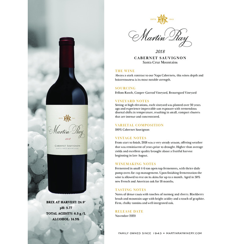 2018 Martin Ray Santa Cruz Mountains Reserve Cabernet Sauvignon Tech Sheet