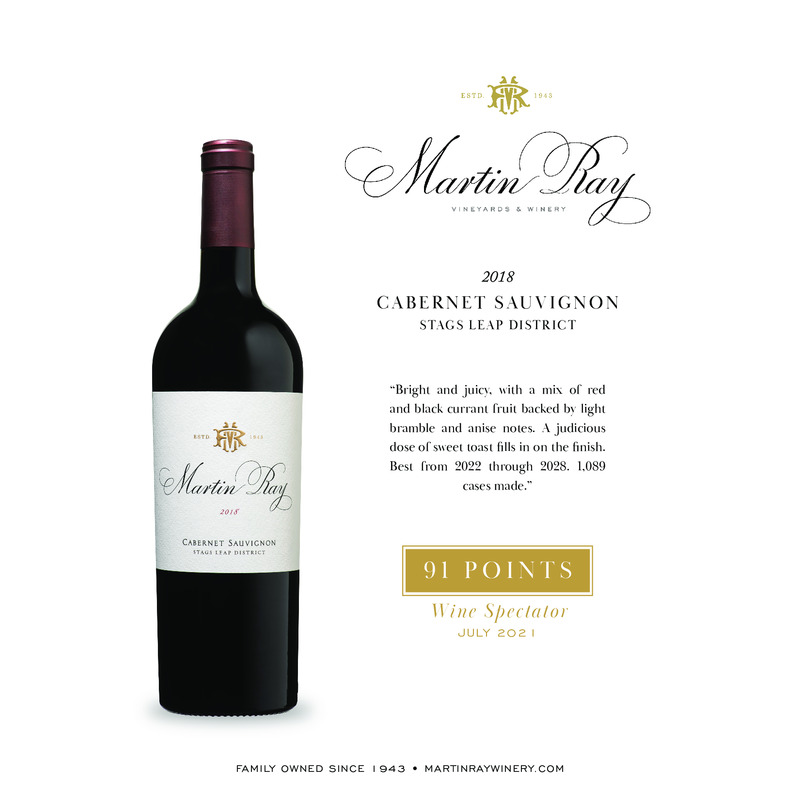 2018 Martin Ray Stags Leap District Reserve Cabernet Sauvignon Acclaim – 91 Pts. Wine Spectator