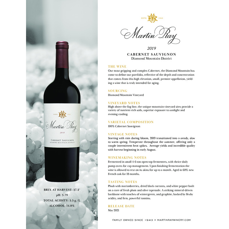 2019 Martin Ray Diamond Mountain Reserve Cabernet Sauvignon Tech Sheet