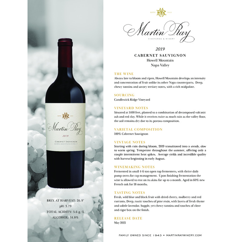 2019 Martin Ray Howell Mountain Reserve Cabernet Sauvignon Tech Sheet