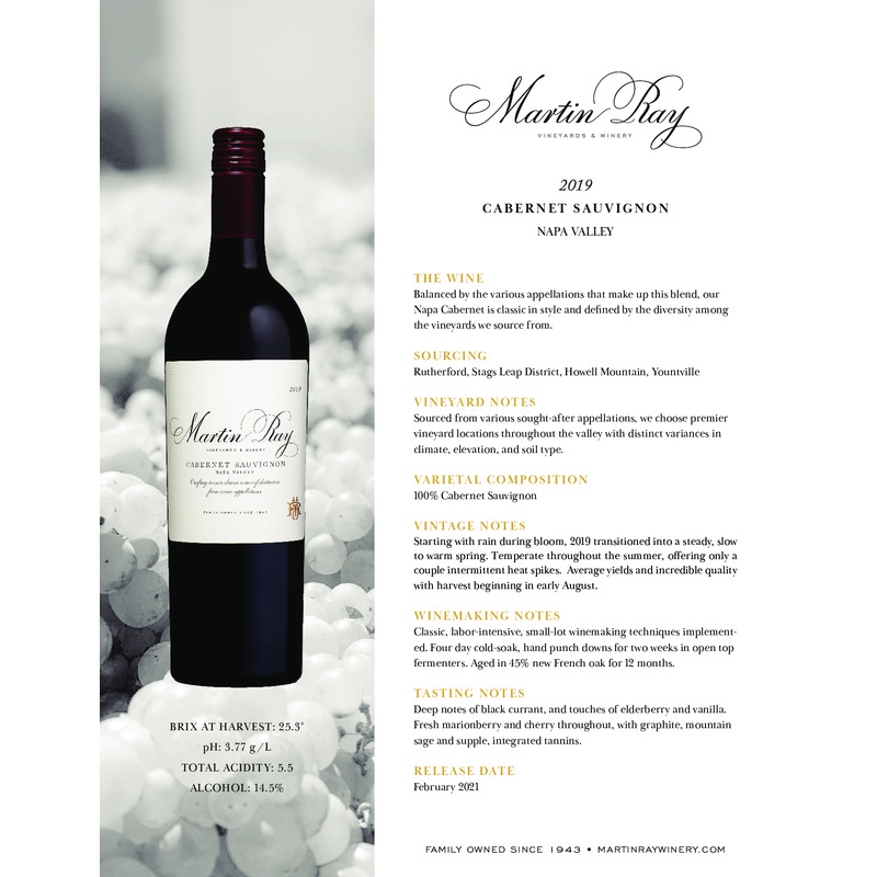 2019 Martin Ray Napa Valley Cabernet Sauvignon Tech Sheet