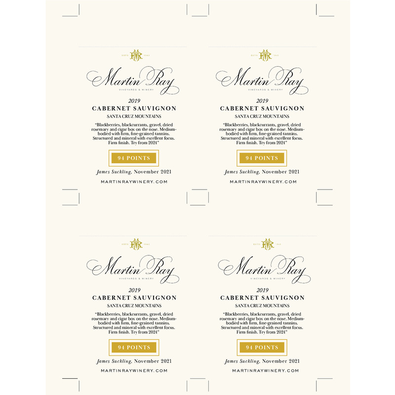 2019 Martin Ray Santa Cruz Mountains Reserve Cabernet Sauvignon Shelf Talker – 94 Pts. James Suckling