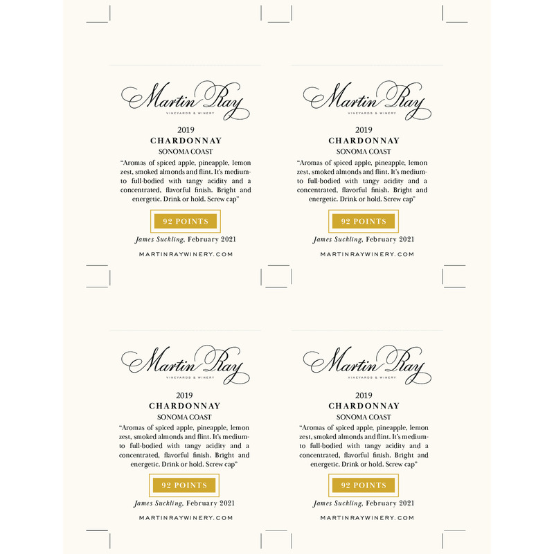 2019 Martin Ray Sonoma Coast Chardonnay Shelf Talker – 92 Pts. James Suckling