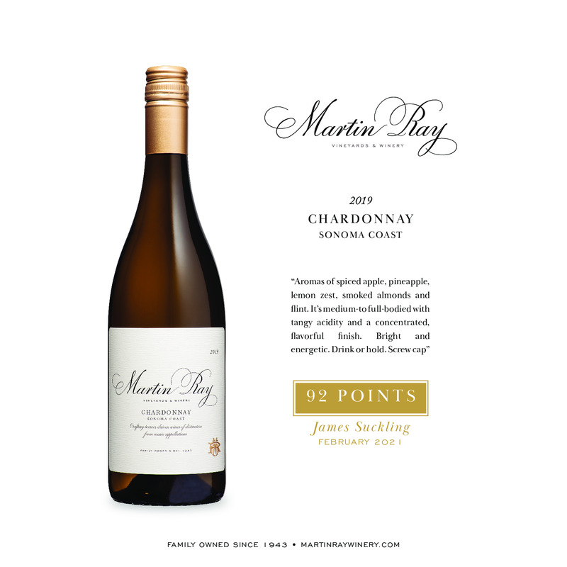 2019 Martin Ray Sonoma Coast Chardonnay Acclaim – 92 Pts. James Suckling