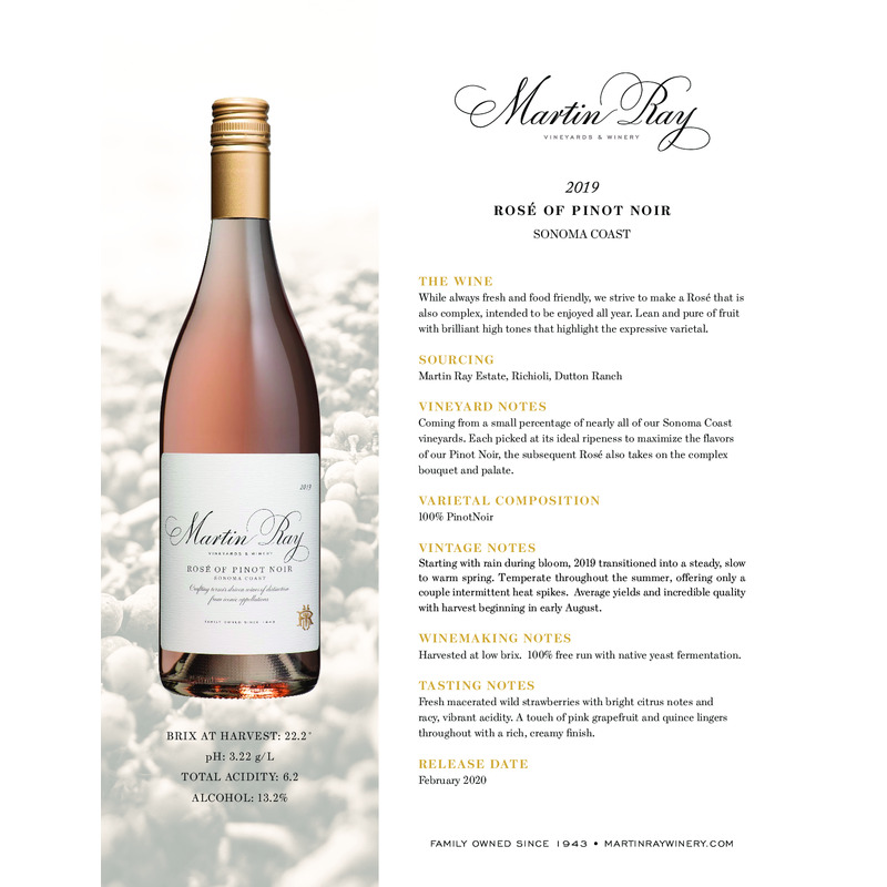 2019 Martin Ray Sonoma Coast Rosé Of Pinot Noir Tech Sheet