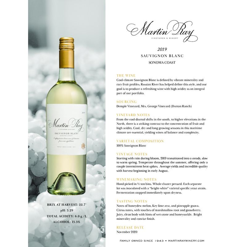 2019 Martin Ray Sonoma Coast Sauvignon Blanc Tech Sheet