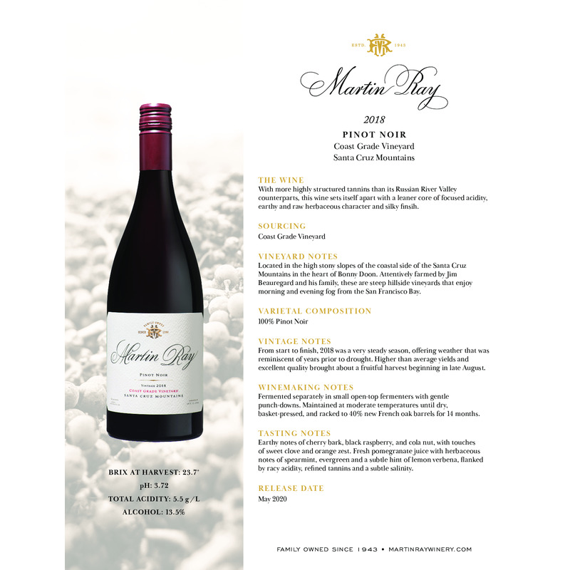 2018 Martin Ray Santa Cruz Mountains Coast Grade Pinot Noir Tech Sheet