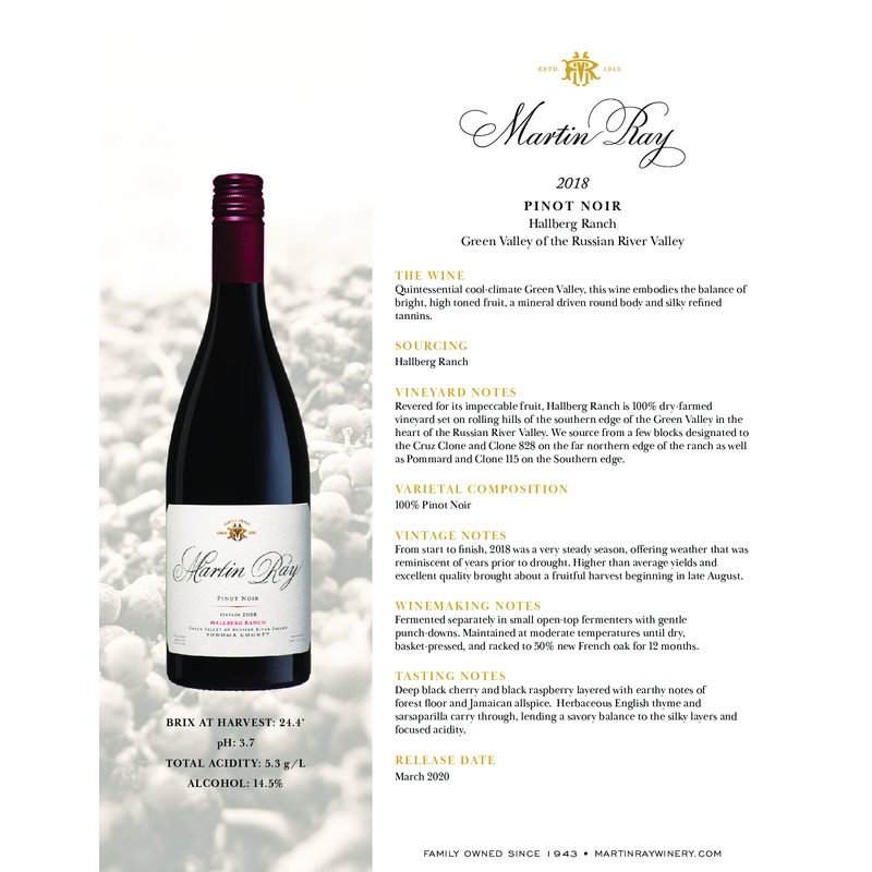 2018 Martin Ray Hallberg Ranch Pinot Noir Tech Sheet
