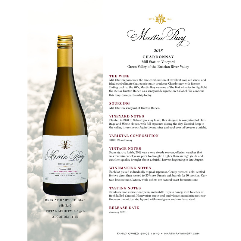 2018 Martin Ray Mill Station Chardonnay Tech Sheet