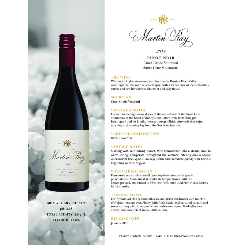 2019 Martin Ray Santa Cruz Mountains Coast Grade Pinot Noir Tech Sheet