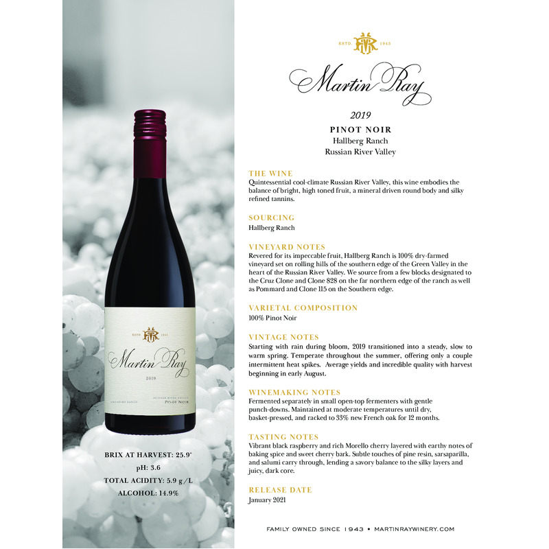 2019 Martin Ray Russian River Valley Hallberg Ranch Pinot Noir Tech Sheet