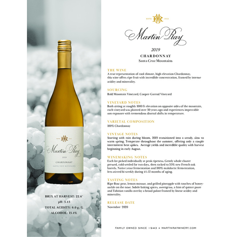 2019 Martin Ray Santa Cruz Mountains Chardonnay Tech Sheet