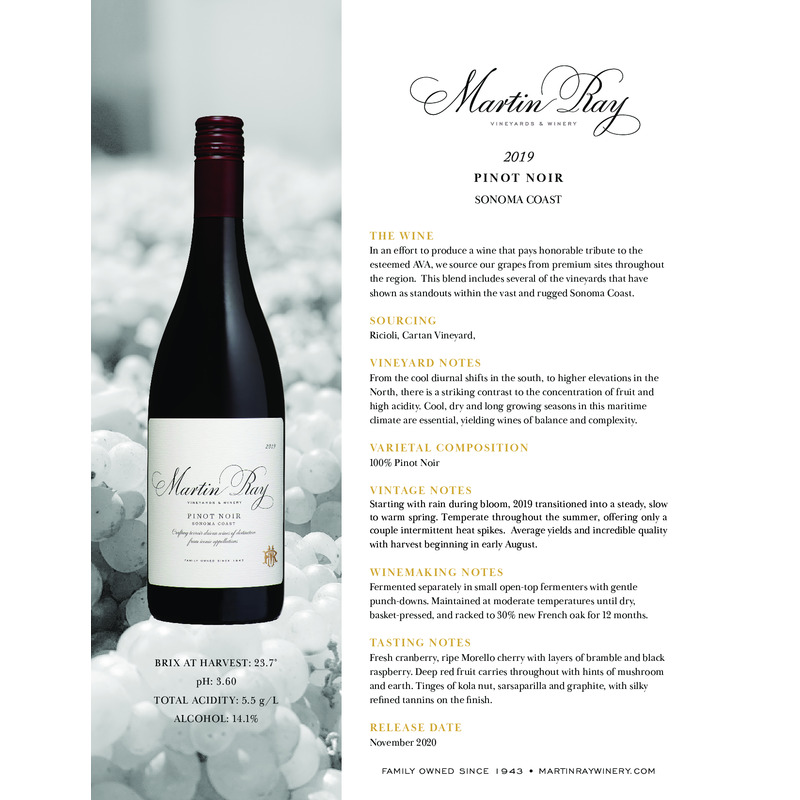2019 Martin Ray Sonoma Coast Pinot Noir Tech Sheet