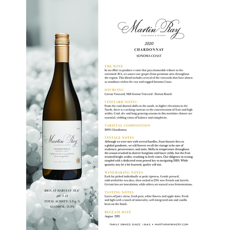2020 Martin Ray Sonoma Coast Chardonnay Tech Sheet