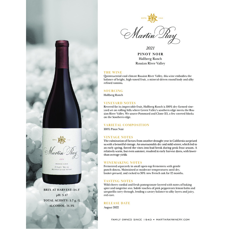 2021 Martin Ray Russian River Valley Hallberg Ranch Pinot Noir Tech Sheet