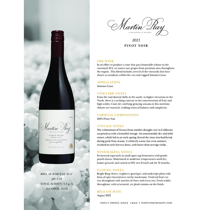 2021 Martin Ray Pinot Noir Tech Sheet