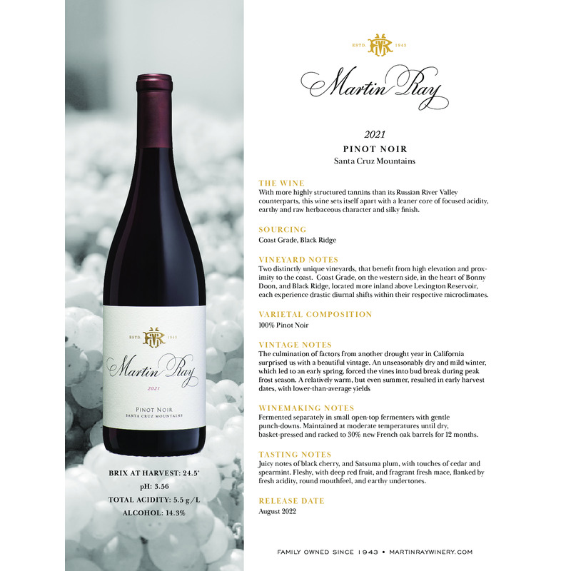 2021 Martin Ray Santa Cruz Mountains Pinot Noir Tech Sheet