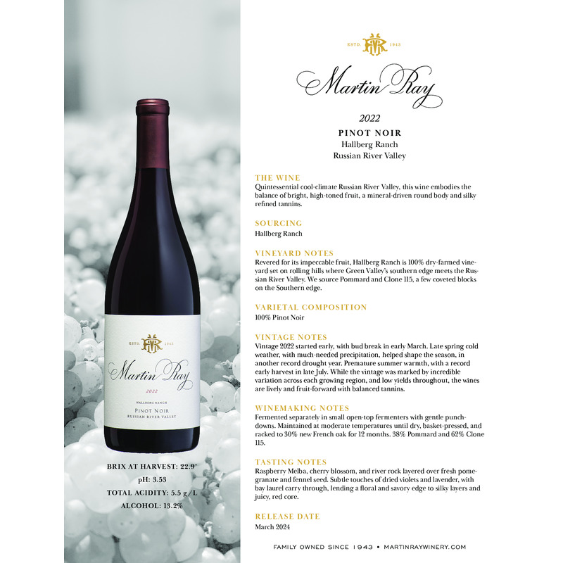 2022 Martin Ray Russian River Valley Hallberg Ranch Pinot Noir Tech Sheet