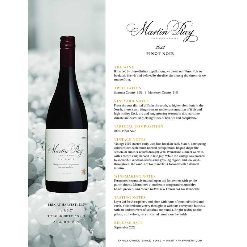2022 Martin Ray Pinot Noir Tech Sheet