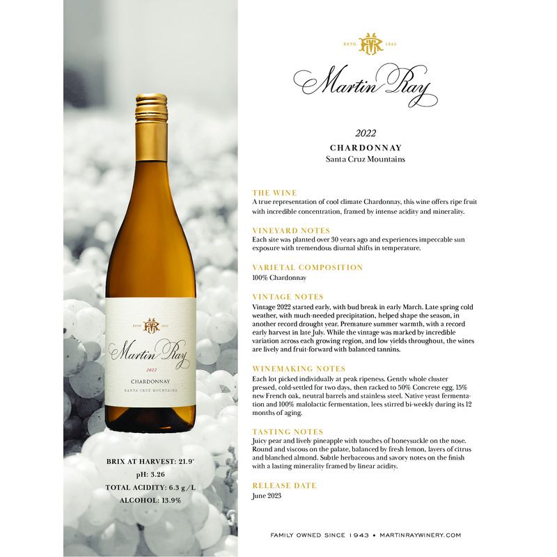 2022 Martin Ray Santa Cruz Mountains Chardonnay Tech Sheet