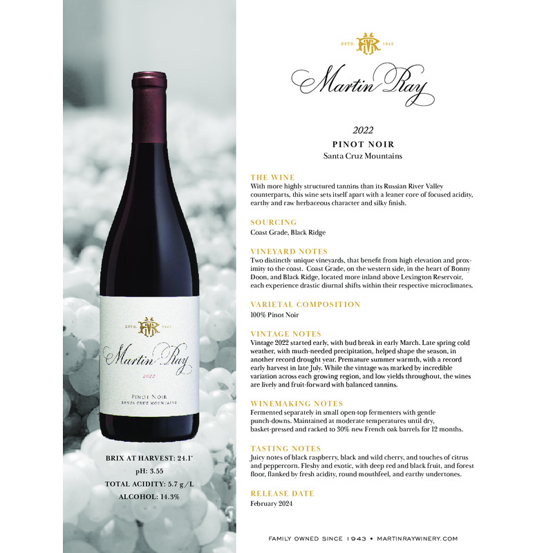 2022 Martin Ray Santa Cruz Mountains Pinot Noir Tech Sheet
