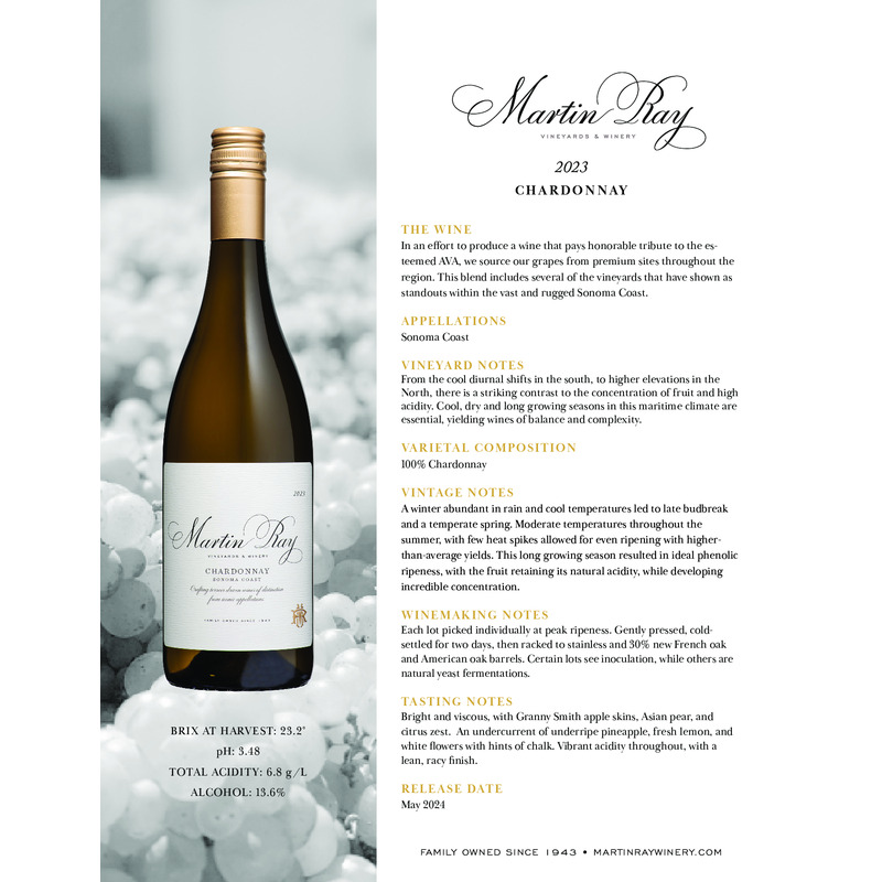 2023 Martin Ray Sonoma Coast Chardonnay Tech Sheet