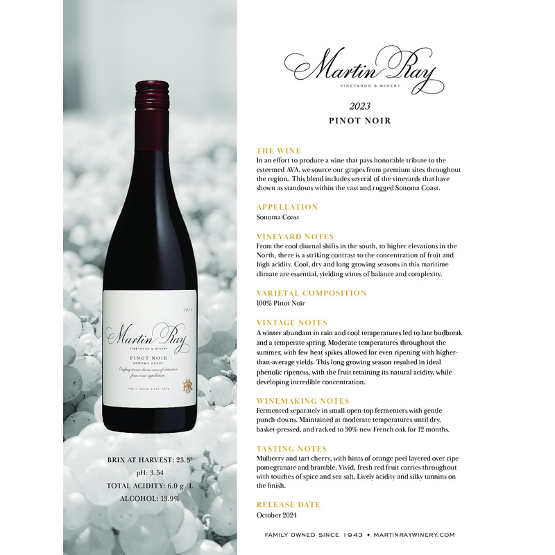 2023 Martin Ray Sonoma Coast Pinot Noir Tech Sheet