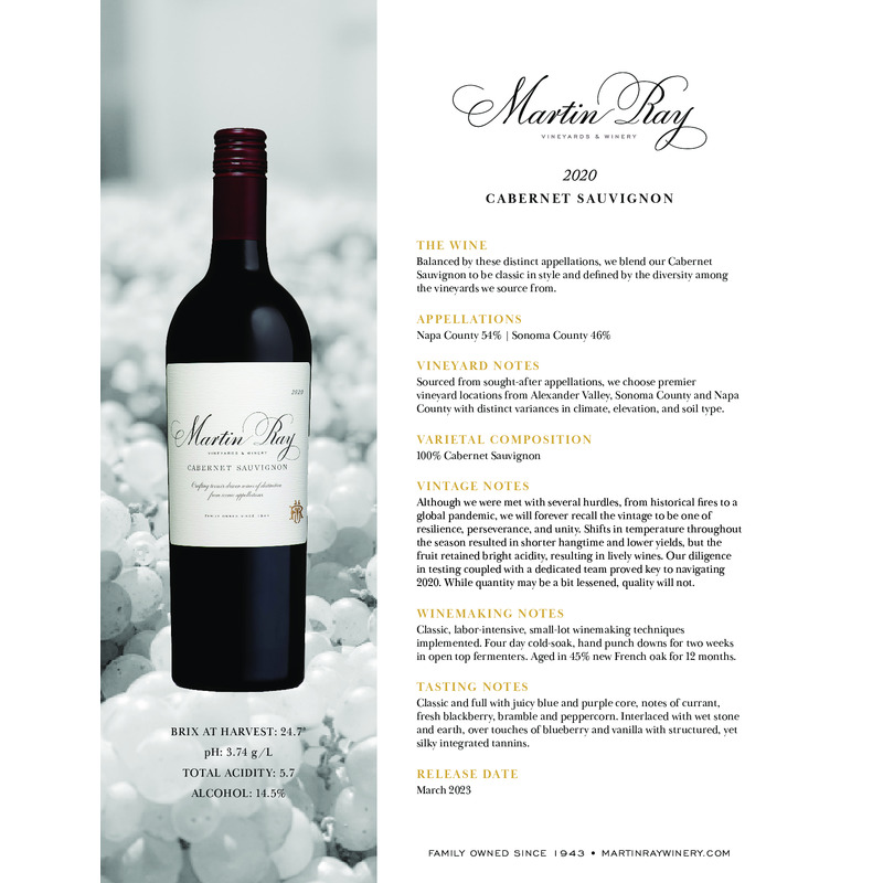 2022 Martin Ray Cabernet Sauvignon Tech Sheet